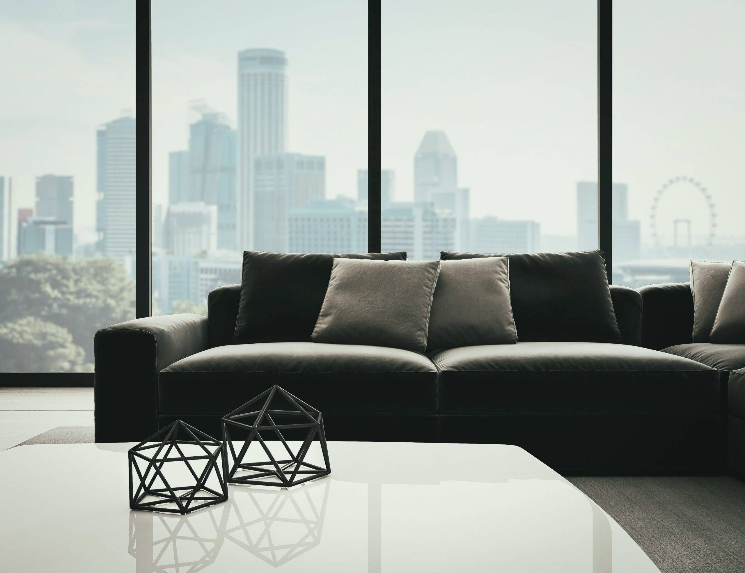 living room in Singapore with skyline in the background